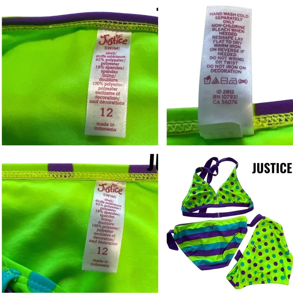 Justice Kids Swim Size 12, 2 Bikini Reversible top - Green and Purple